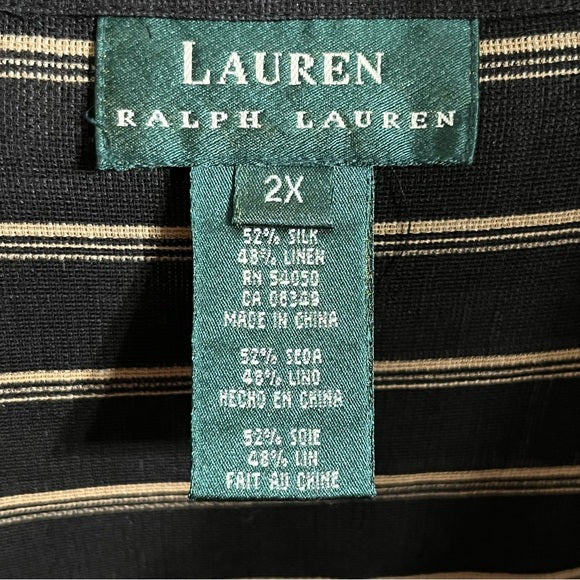 Lauren Ralph Lauren Black/Tan Stripe Silk Linen Shirt Sz-2X