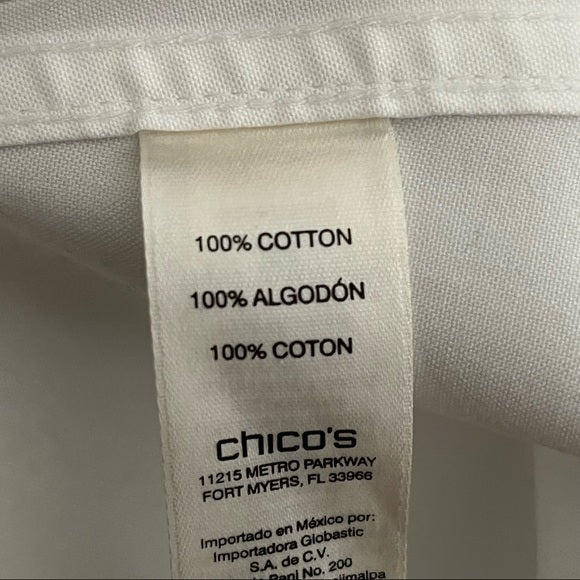 Chico’s White Cotton No Iron Button Front Shirt Sz-1 (Medium)