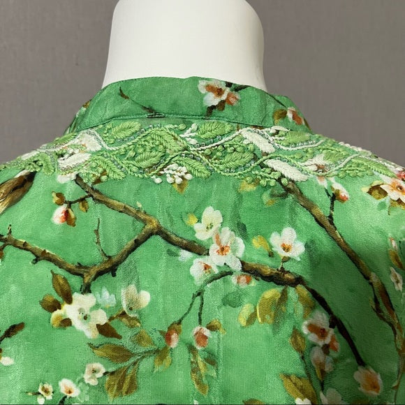 Amaya Green Floral Silk Print Tunic Top with Beads & Embroidered Sz Medium