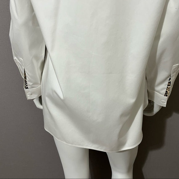 Chico’s White with Leopard Pocket Cotton Button Front Shirt Sz 1 (Medium)