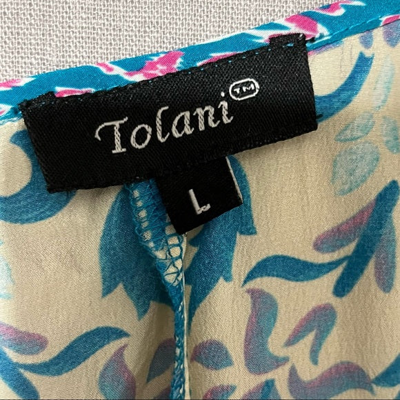 Tolani Multi-Color Silk Tunic Top Exposed Shoulder Long Sleeve Sz Large