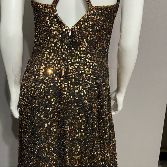 Vintage Oleg Cassini Black Gold Sequin Fit & Flare Dress Sz-12