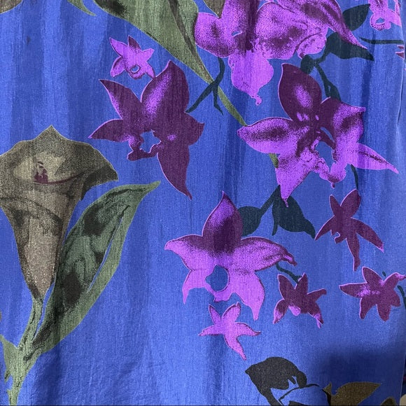 Silks Blue Floral Hawaiian Theme 100% Silk Mens Shirt Sz-Large