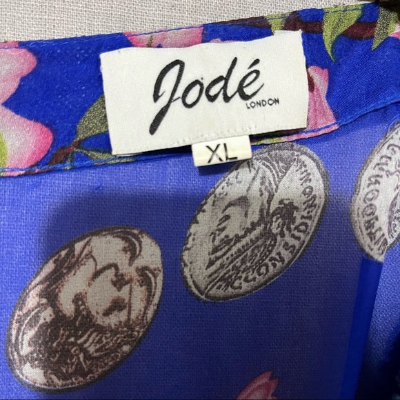 Jode Royal Blue | Pink Silk Pom Pom Tunic Top 3/4 Sleeve Sz Extra Large