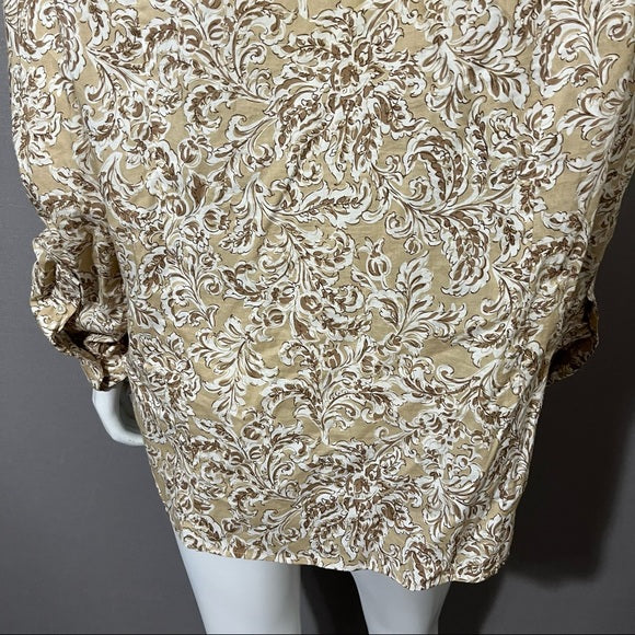 Jones New York Brown Leaf Print Cotton Button Front Shirt Sz-1X