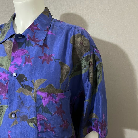 Silks Blue Floral Hawaiian Theme 100% Silk Mens Shirt Sz-Large