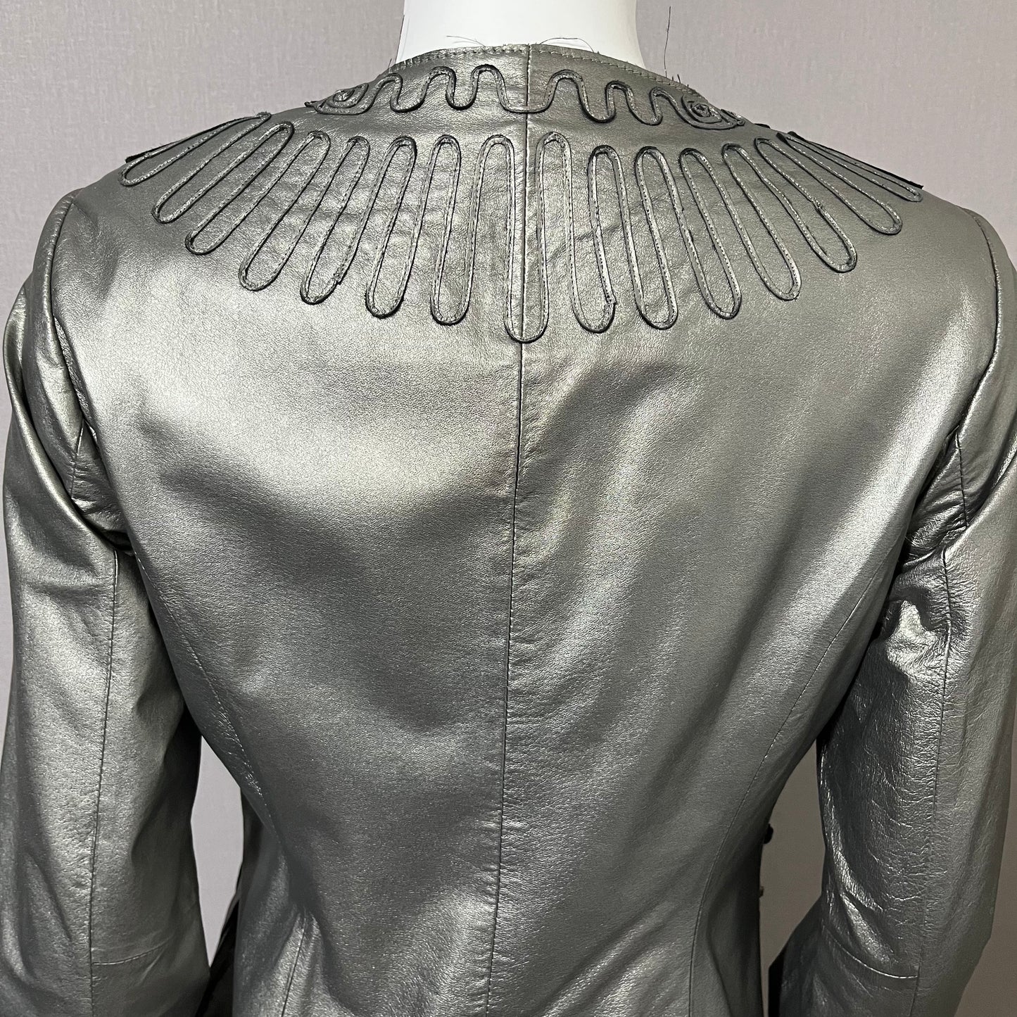 Leather Chi Silver Metallic Artsy Print Rare Moto Leather Jacket Sz-Xtra Small