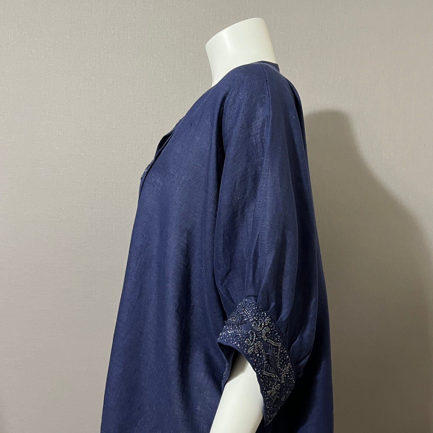 Bella Tu by Gorsuch Navy Blue Beaded Linen Tunic Top Sz-Large/XL