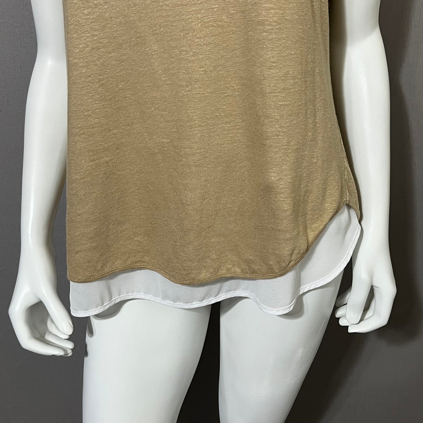 Linen Ecru Tan Shimmer Linen Mixed Media Sleeveless Shell Tank Top Sz-Large