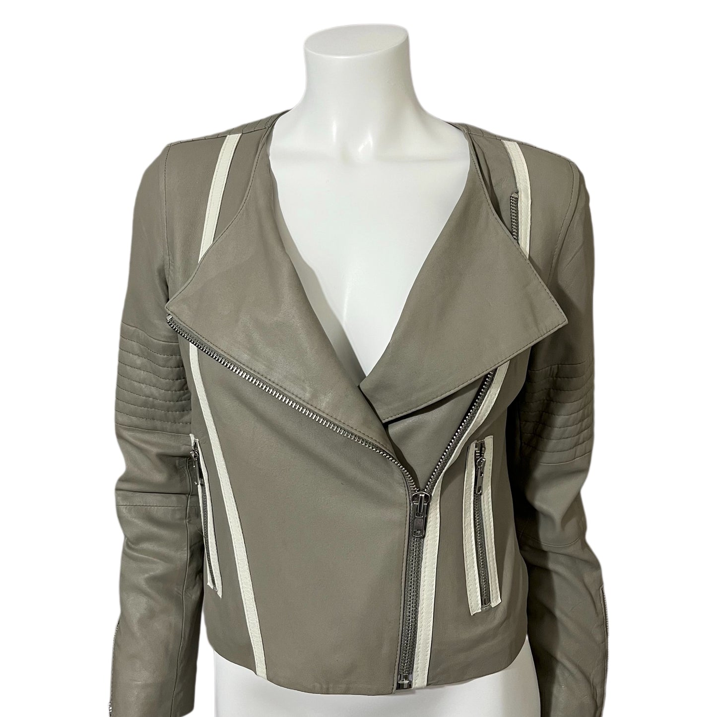 BB Dakota Taupe/White Asymmetrical Leather Jacket Sz-Small