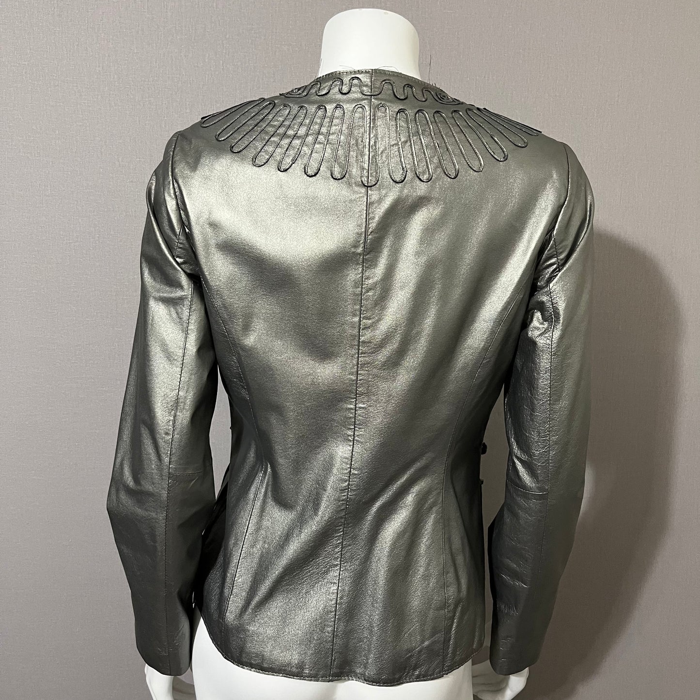 Leather Chi Silver Metallic Artsy Print Rare Moto Leather Jacket Sz-Xtra Small