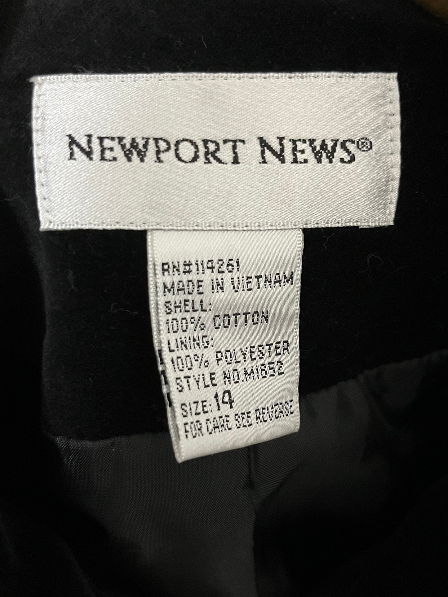 Newport News Black Cotton Velvet Military Longline Jacket Sz-14