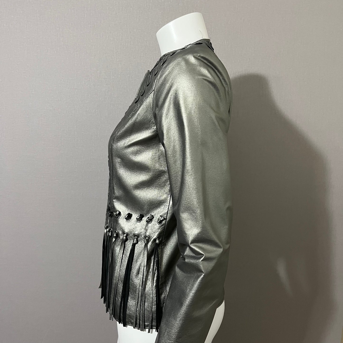 Leather Chi Silver Metallic Artsy Print Rare Moto Leather Jacket Sz-Xtra Small