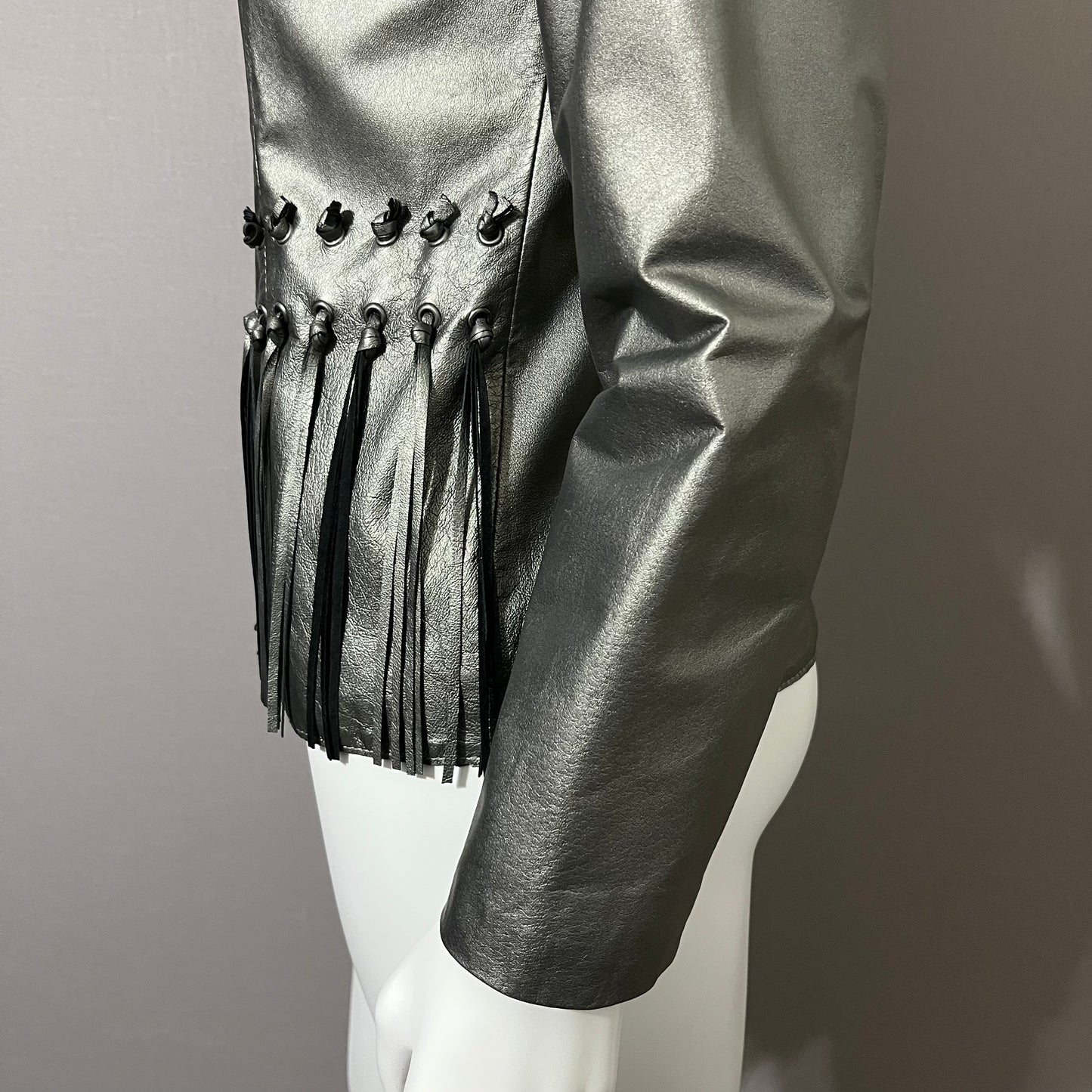 Leather Chi Silver Metallic Artsy Print Rare Moto Leather Jacket Sz-Xtra Small