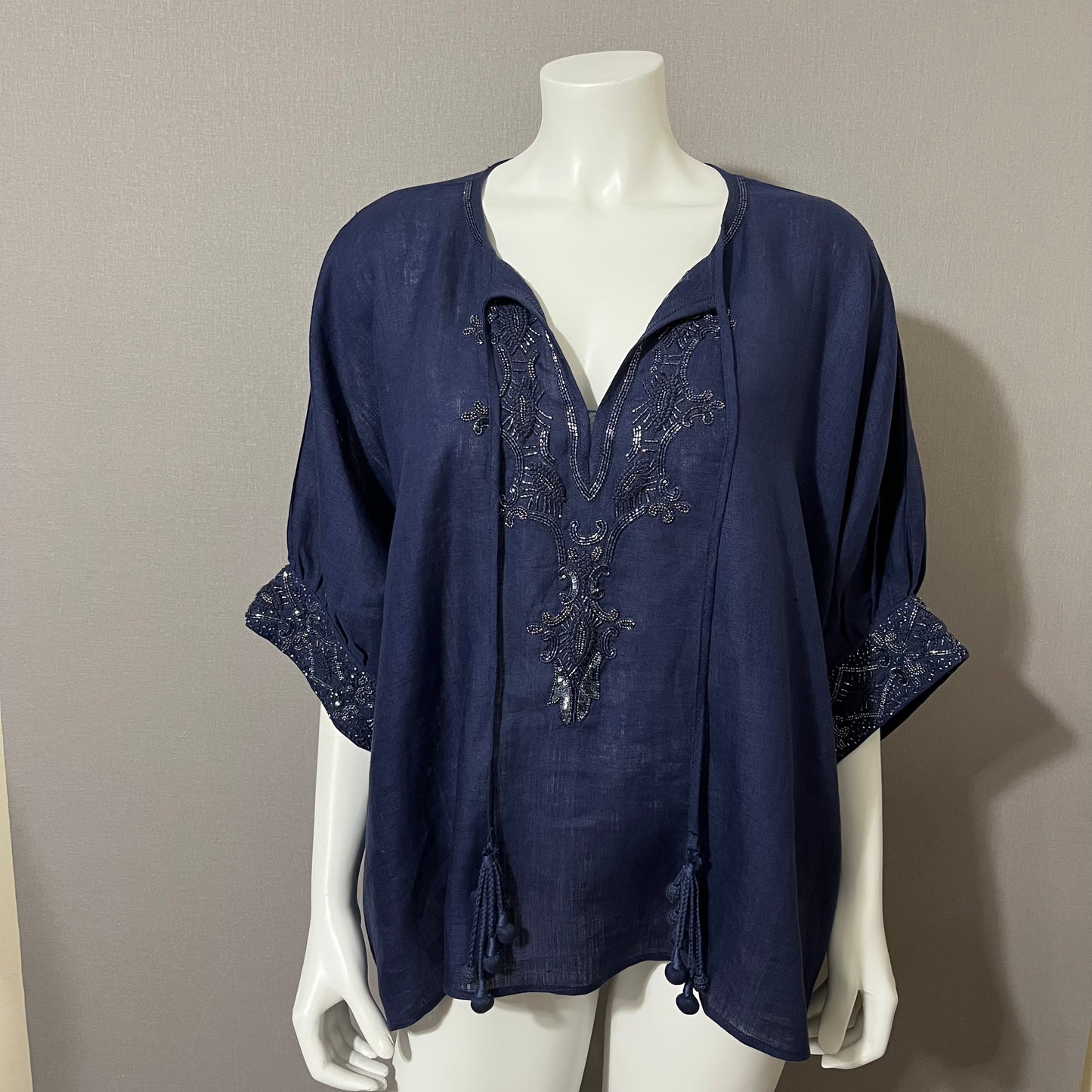 Bella Tu by Gorsuch Navy Blue Beaded Linen Tunic Top Sz-Large/XL