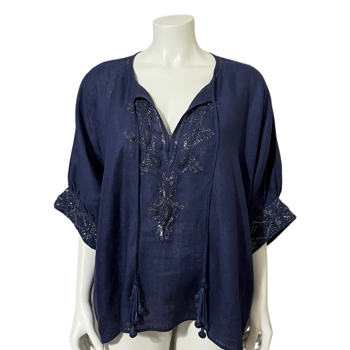Bella Tu by Gorsuch Navy Blue Beaded Linen Tunic Top Sz-Large/XL