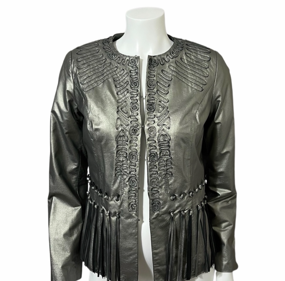 Leather Chi Silver Metallic Artsy Print Rare Moto Leather Jacket Sz-Xtra Small