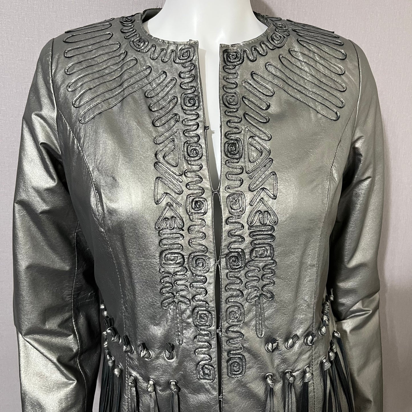 Leather Chi Silver Metallic Artsy Print Rare Moto Leather Jacket Sz-Xtra Small