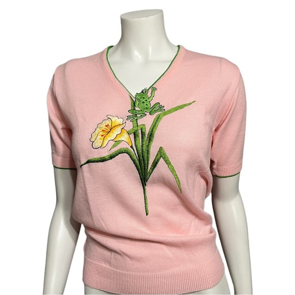 Vintage Rochelle Pink V-Neck Frog V-Neck Sweater
