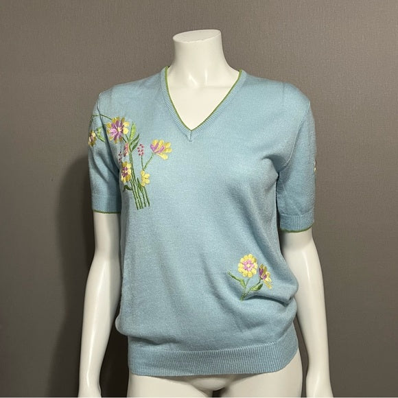 Vintage Rochelle Light Blue Floral V-Neck Sweater