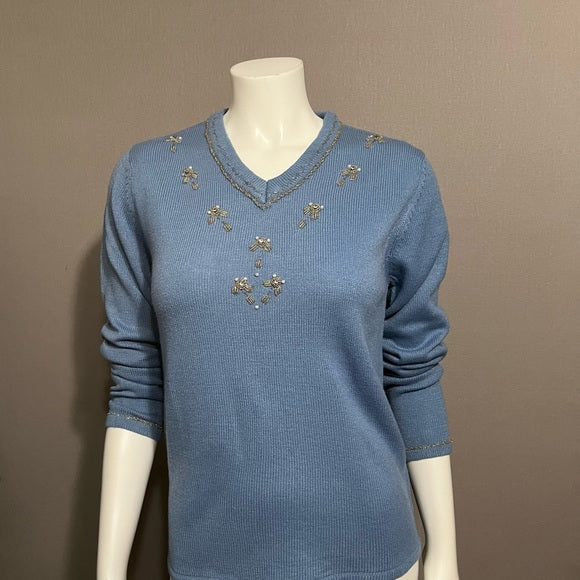 Vintage Haband Light Blue Beaded V-Neck Sweater