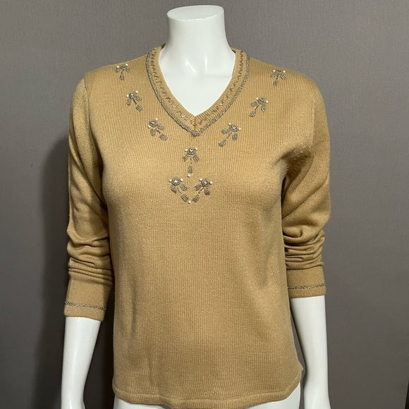 Vintage Haband Tan V-Neck Beaded Lightweight Sweater
