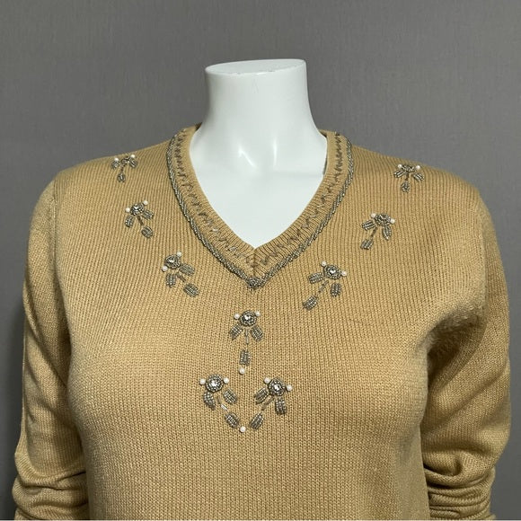 Vintage Haband Tan V-Neck Beaded Lightweight Sweater