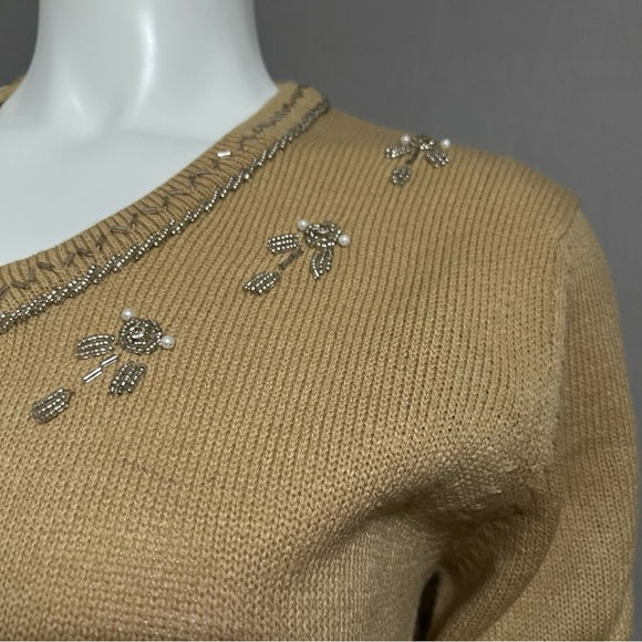 Vintage Haband Tan V-Neck Beaded Lightweight Sweater