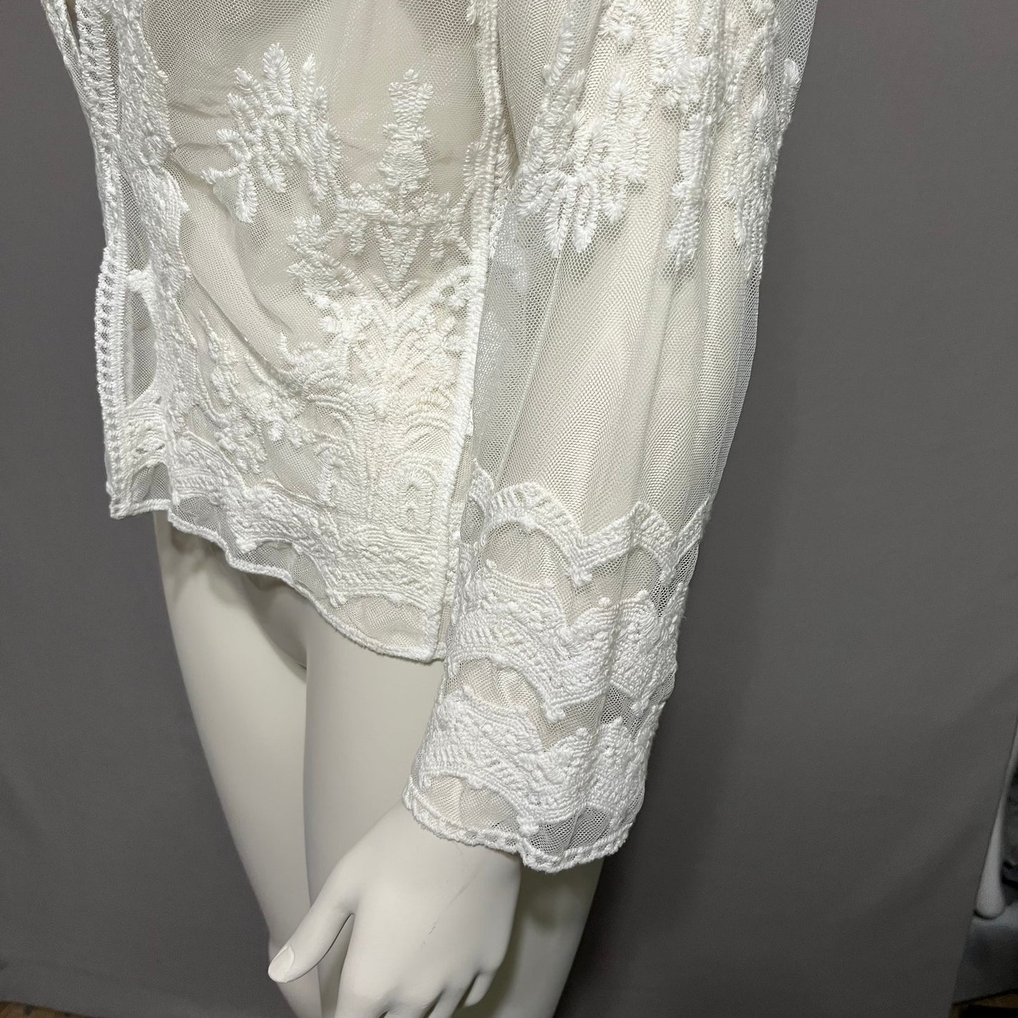 Belle France Sheer White Mesh Lace Embroidery Open Shrug Sz-Large