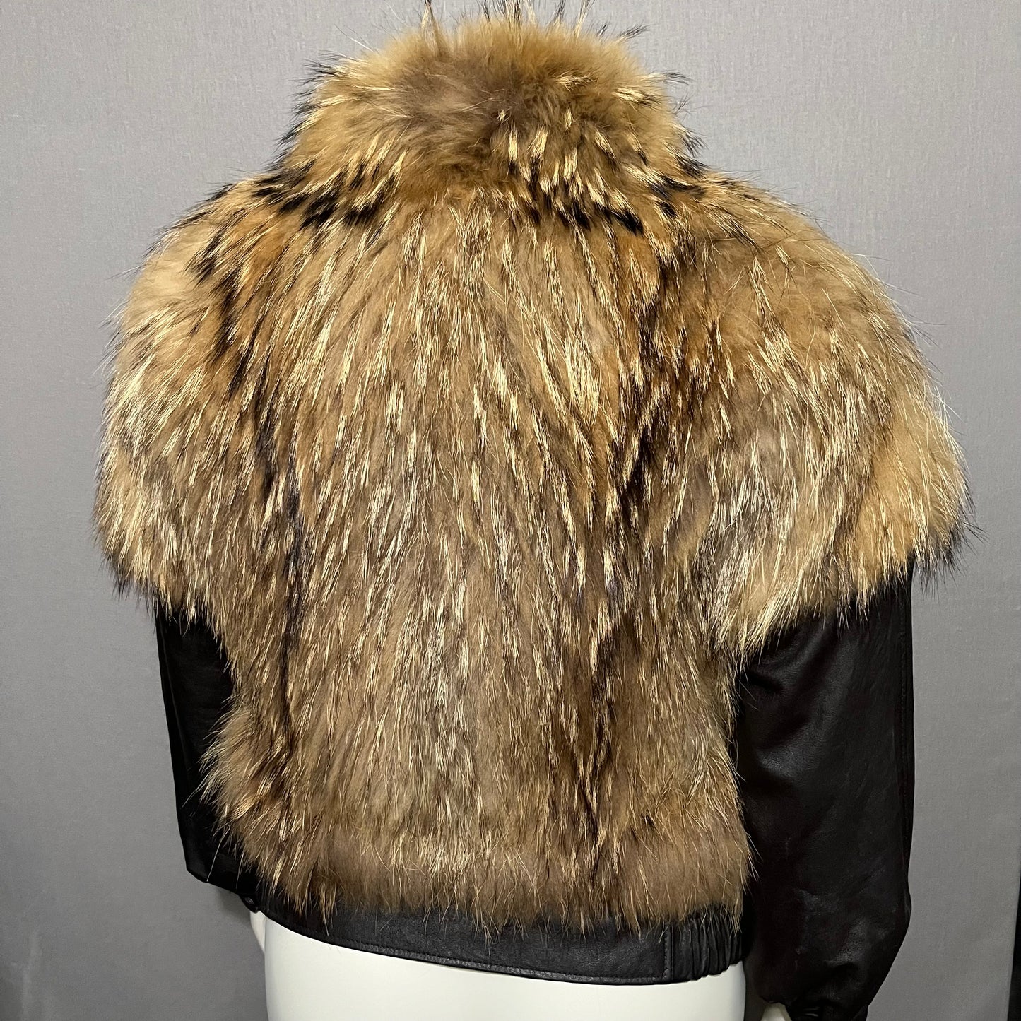 Vintage Raccoon Fur Chocolate Leather Bomber Jacket Sz-Small/Medium