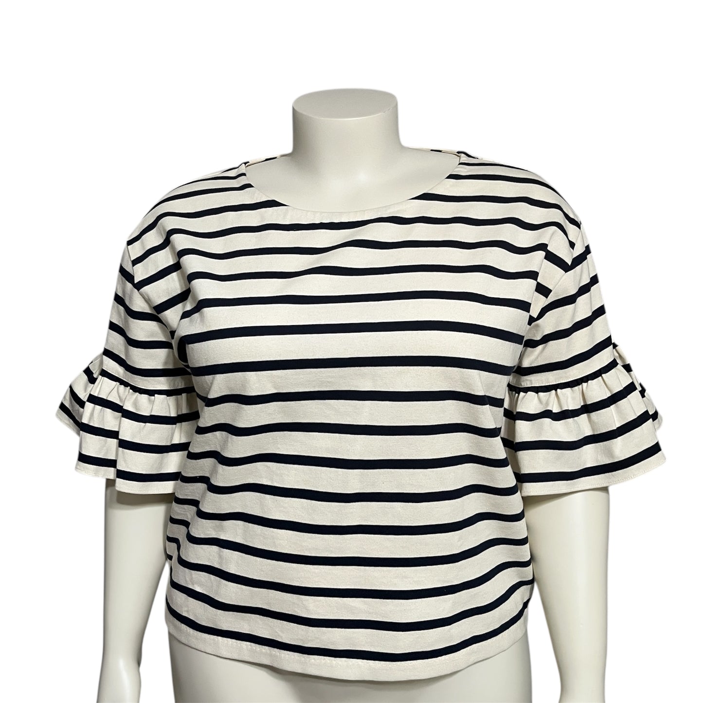 Cream & Navy Striped 100% Cotton Flare Sleeve Top Sz-XL