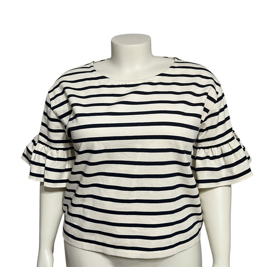 Cream & Navy Striped 100% Cotton Flare Sleeve Top Sz-XL