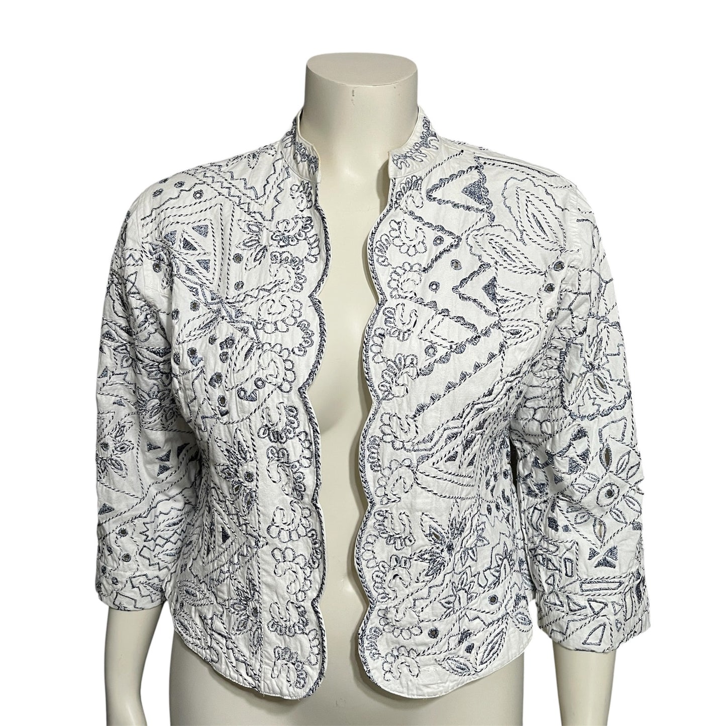 Chicos Women’s Cotton Jacket Embroidered Eyelet Scalloped Edge Sz-2 Medium