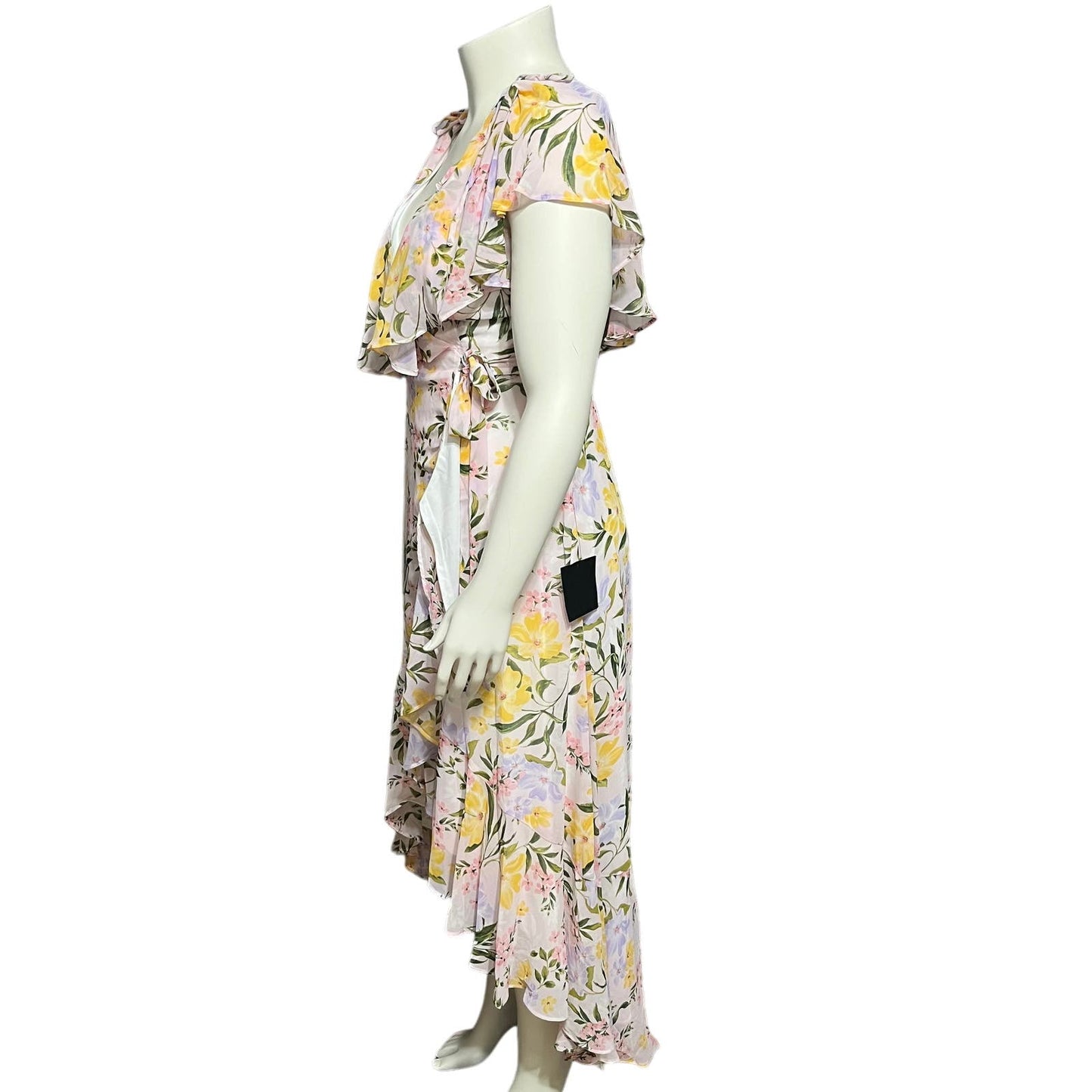 Lulus Floral Ruffle High Low V-Neck Flowy Wrap Dress Sz-Medium