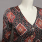 Satin Geometric Print Button Front V-Neck Long Sleeve Blouse Sz-Medium