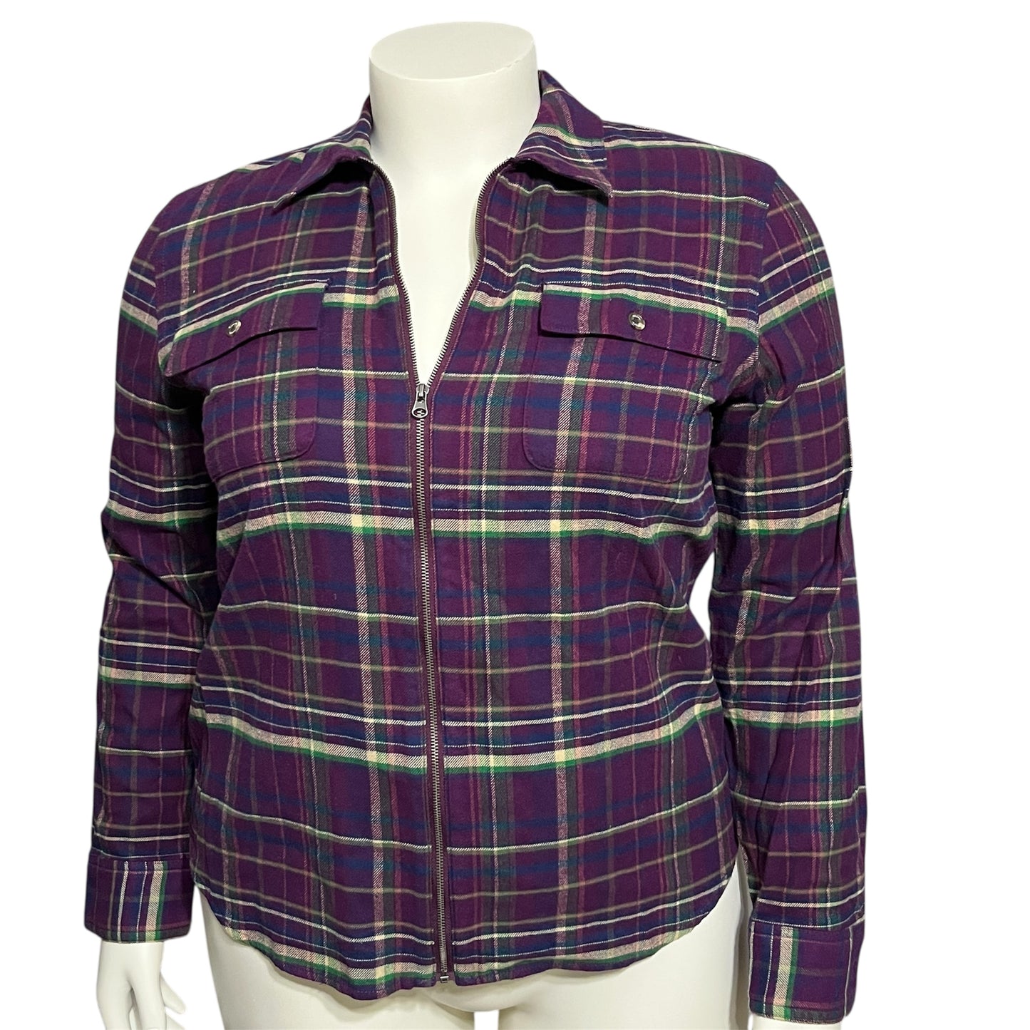 Chaps Purple Plaid Flannel Zip Up Shirt Sz-XL
