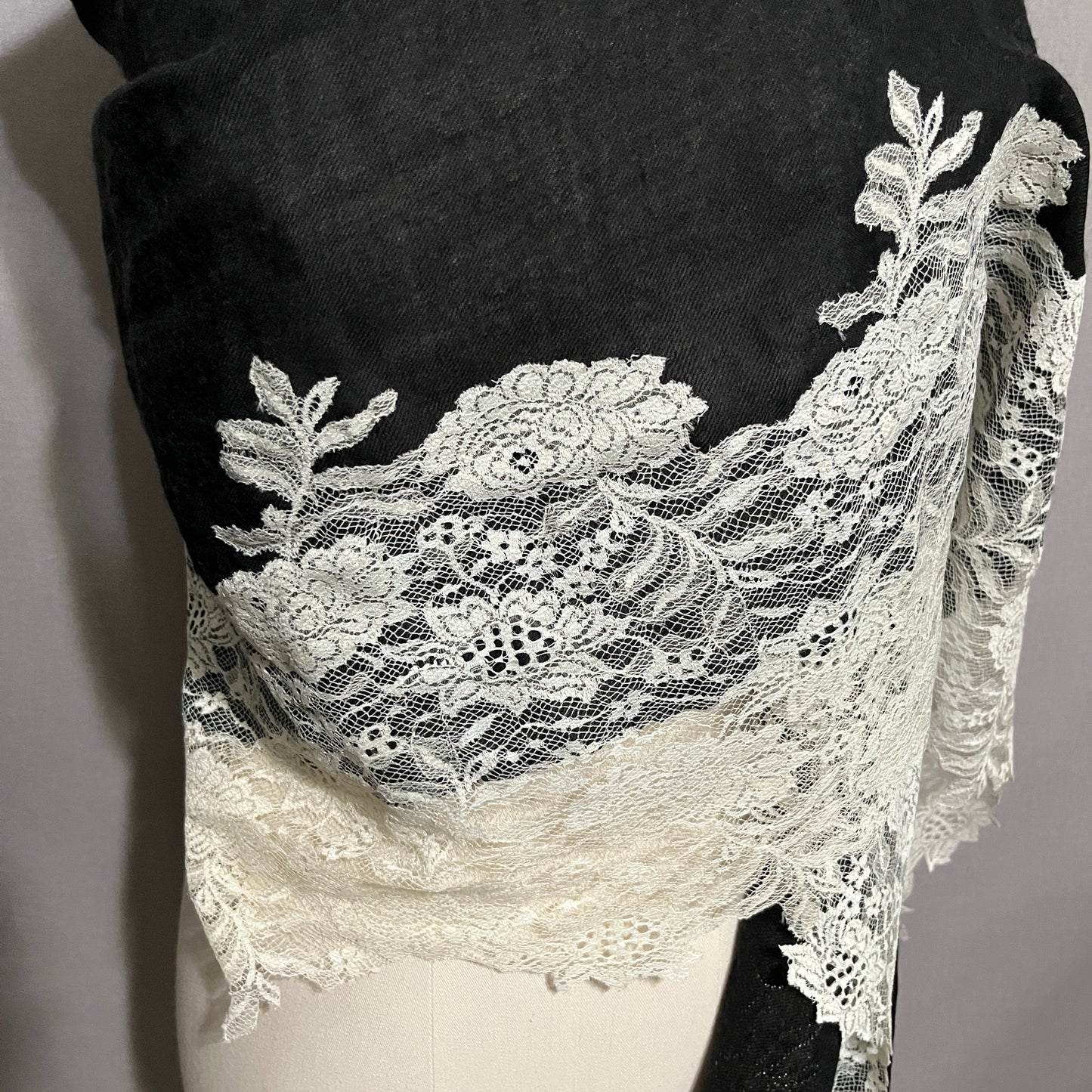 Clever Carriage Company Black and White Lace Wool Silk Scarf