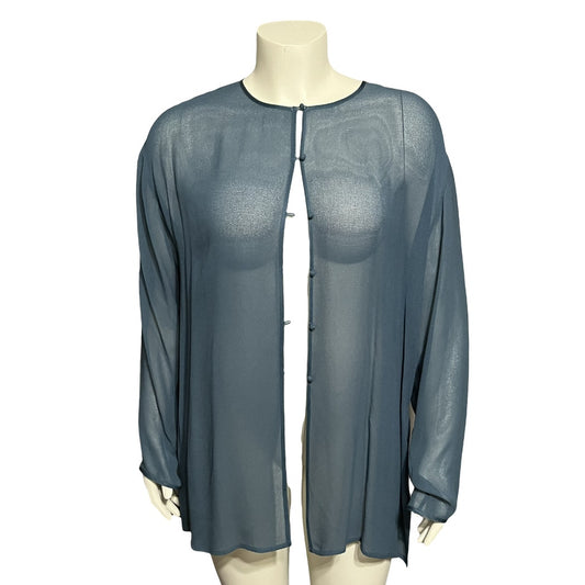 Eileen Fisher Teal 100% Silk Chiffon Sheer Button Front Blouse Sz-Large