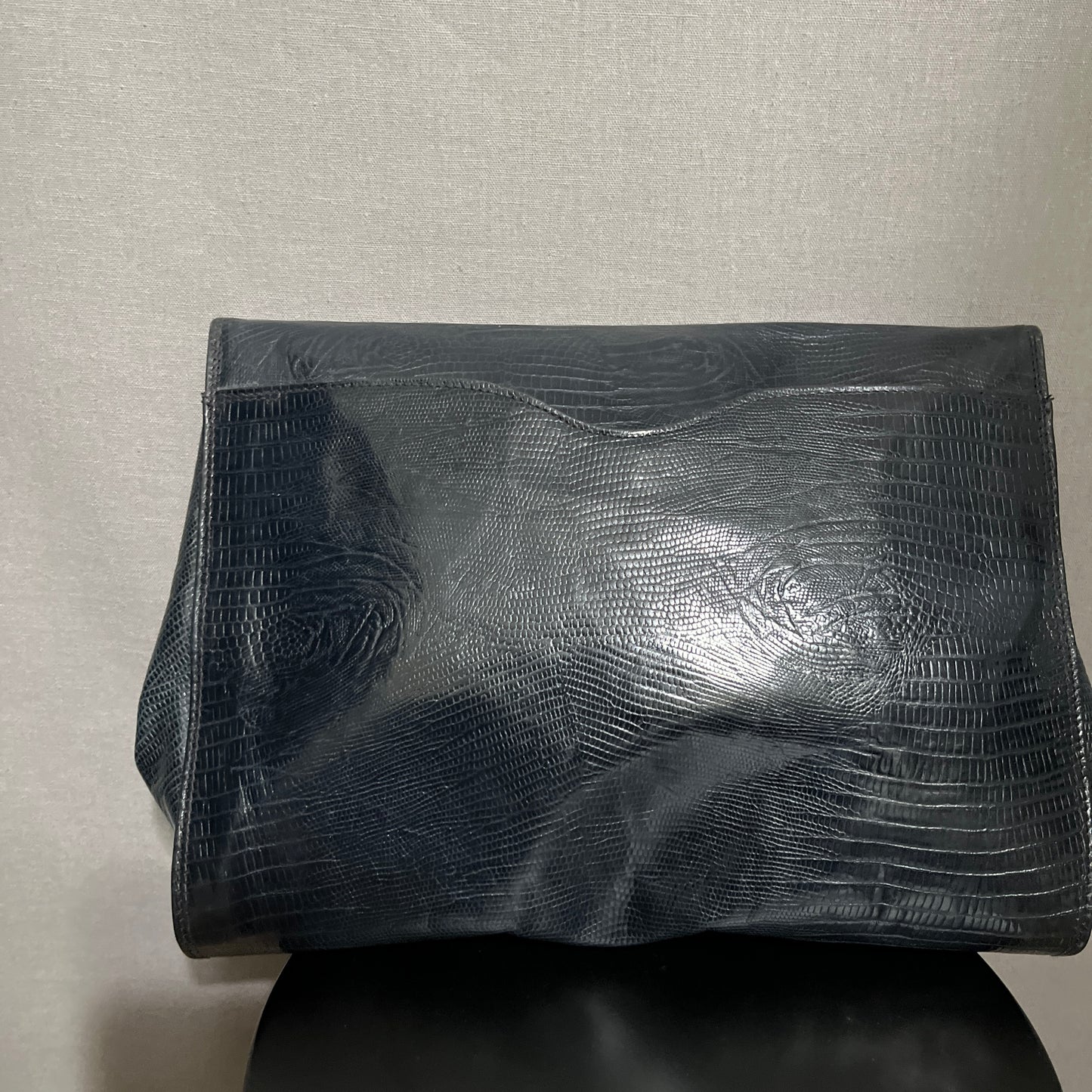 Neiman Marcus Navy Crocodile Print Italy Fold Over Clutch Handbag