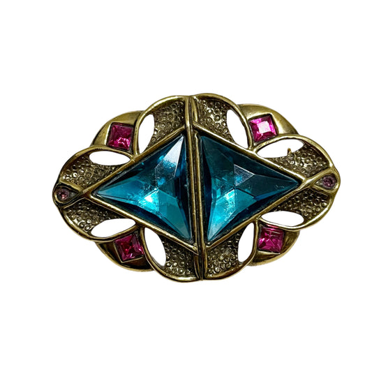 Vintage Gold Brooch with Blue and Pink Gems