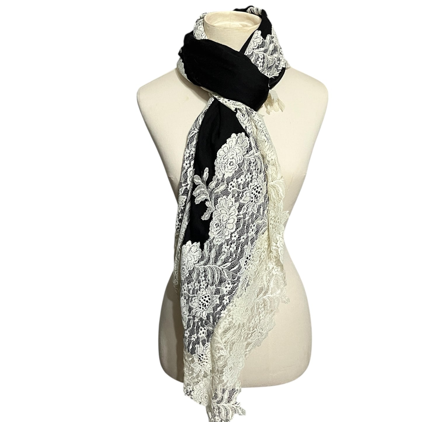 Clever Carriage Company Black and White Lace Wool Silk Scarf