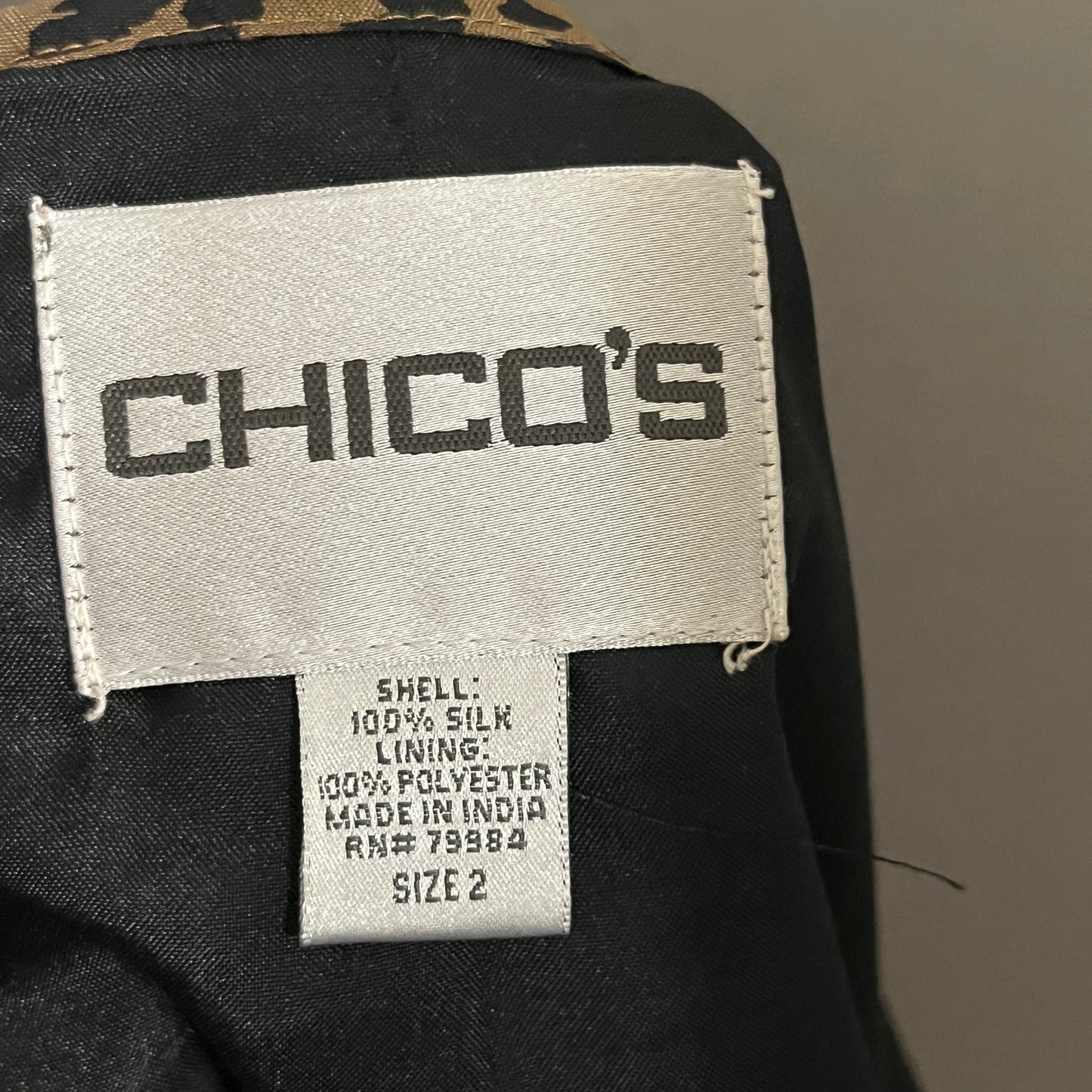 Chicos Blazer Jacket Leopard 100% Silk Brown Sequins Blazer Sz-Large