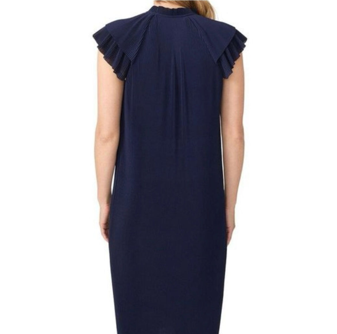 J. McLaughlin Navy Accordion Pleated Flutter Sleeve Midi Dress Sz-Medium