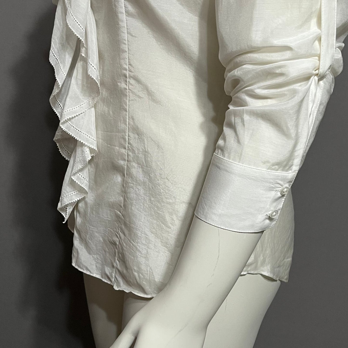 WHBM Cotton Silk Blend V-Neck Ruffle White Long Sleeve Blouse Sz-10