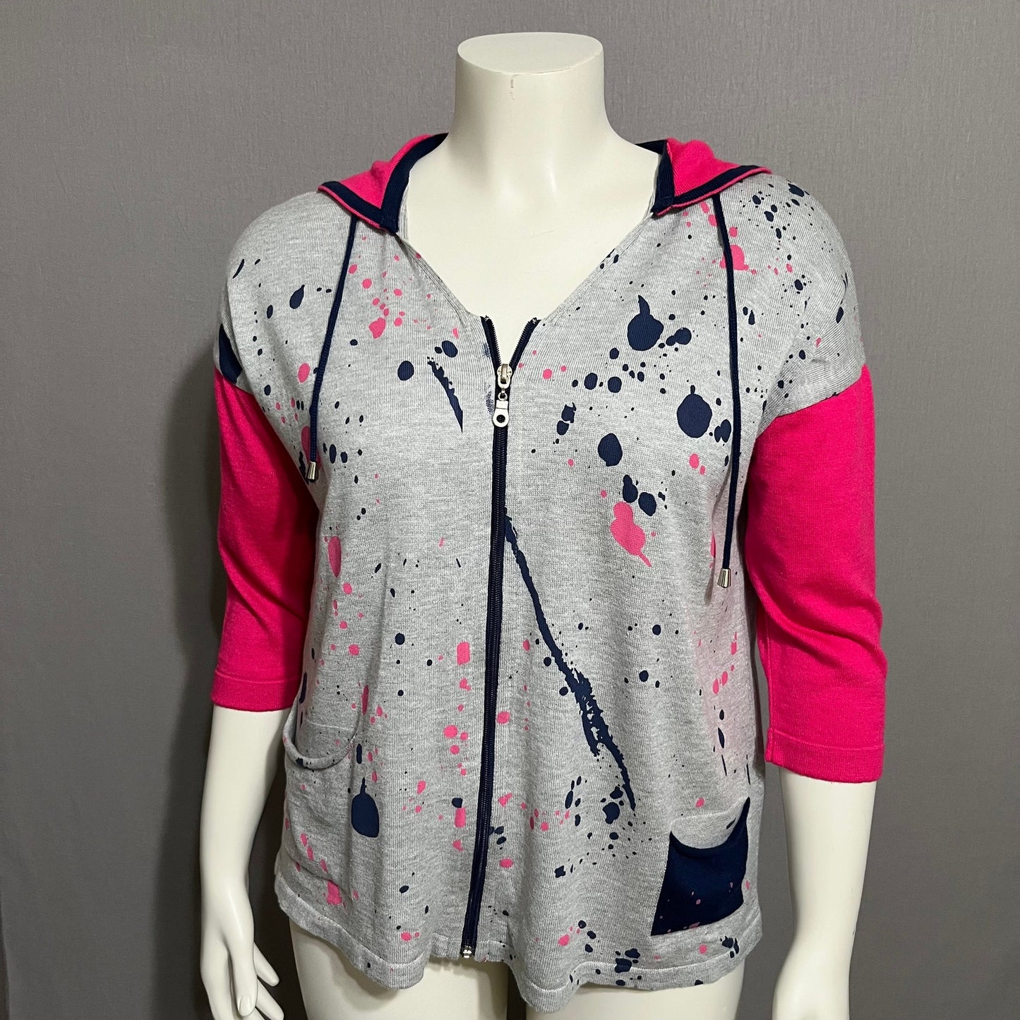 Angel Gray Paint Splatter With Pink Sleeve Zip Up Cardigan Sz-Medium