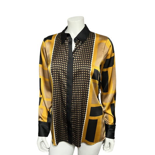 Calvin Klein Satin Gold Geometric Print Long Sleeve Blouse Sz-Small