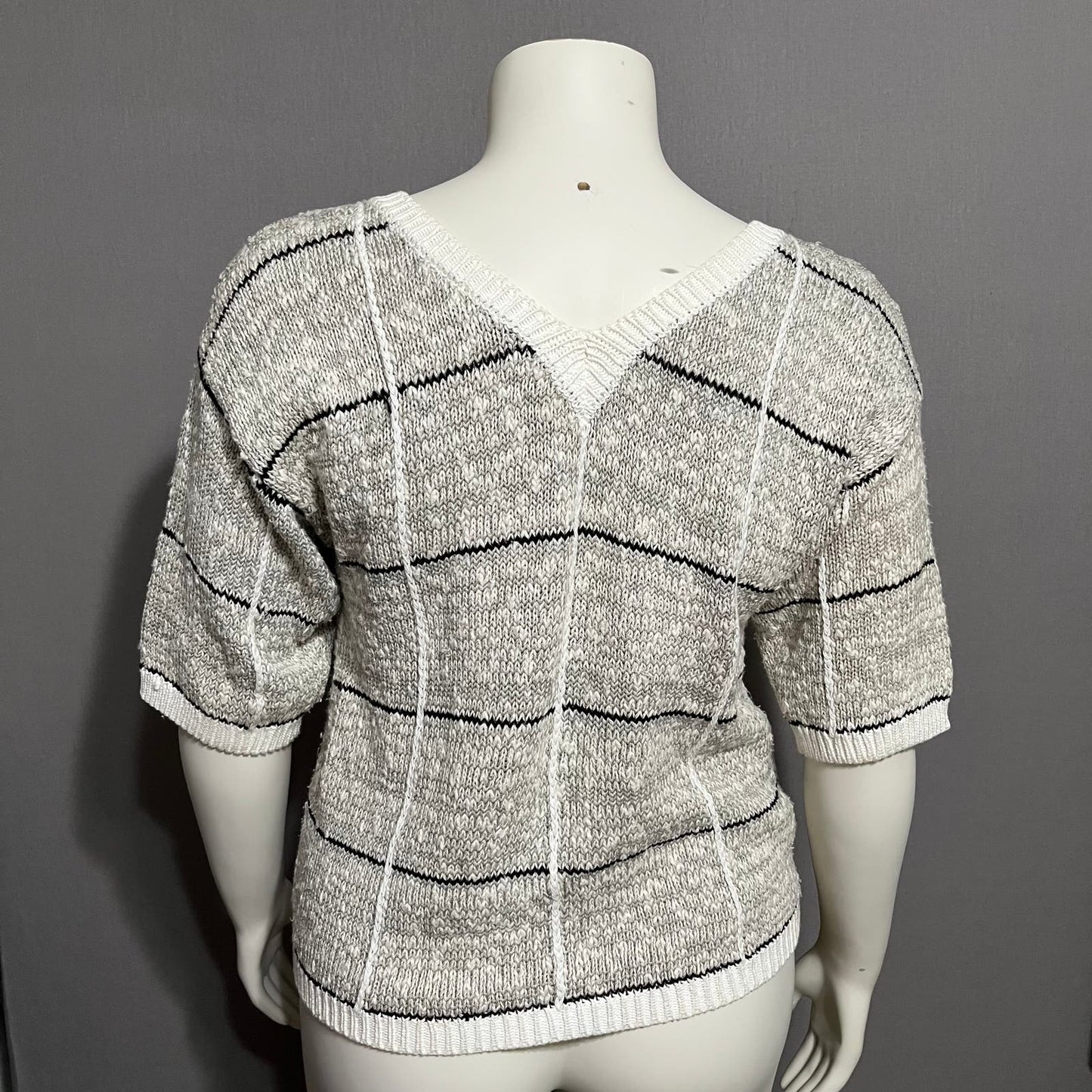 Mariea Kim Vintage Artsy Grid Print Cotton V-Neck Sweater Sz-Large