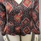 Satin Geometric Print Button Front V-Neck Long Sleeve Blouse Sz-Medium