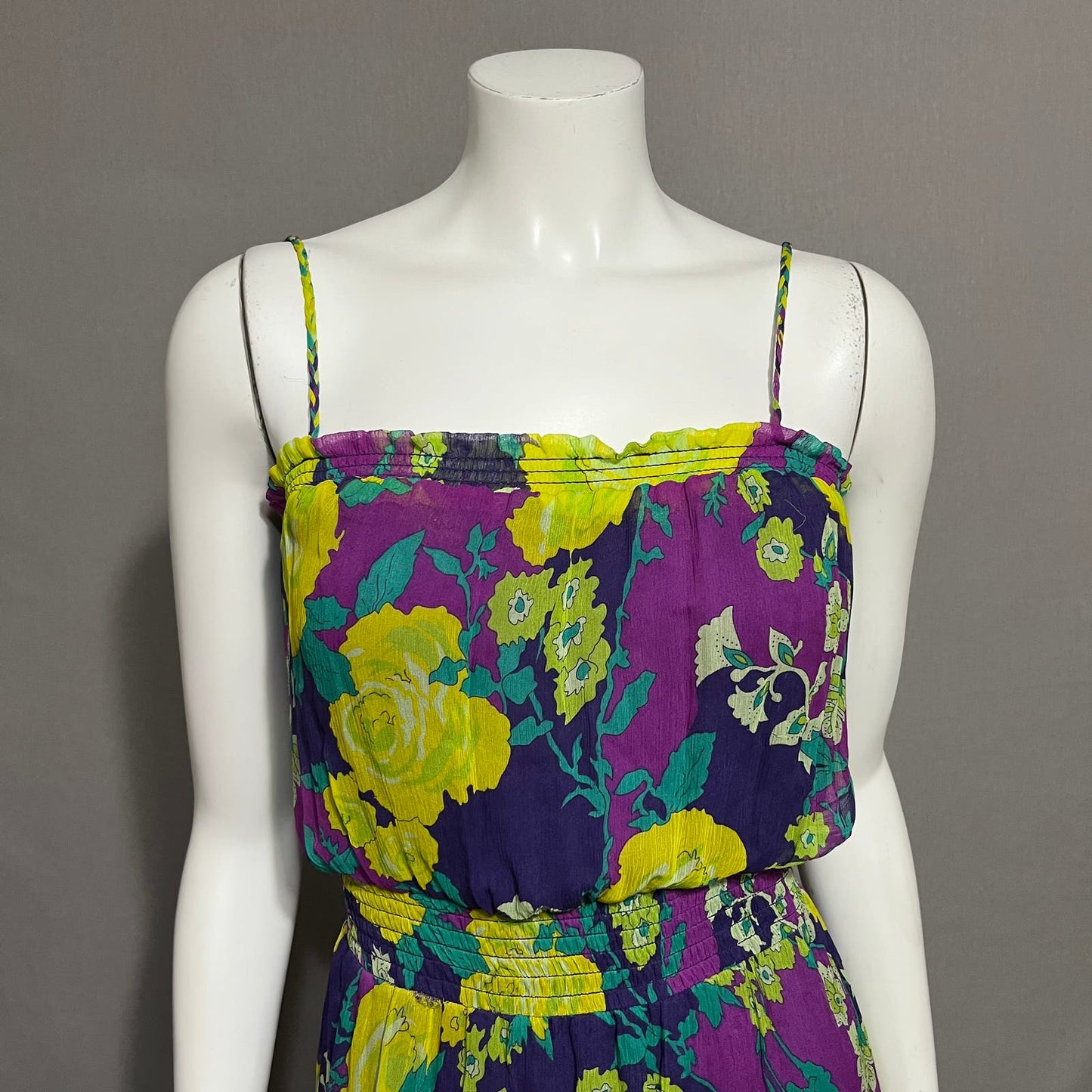 Ella Moss 100% Silk Floral Multicolored Chiffon Ruffle Hem Dress Sz-Small