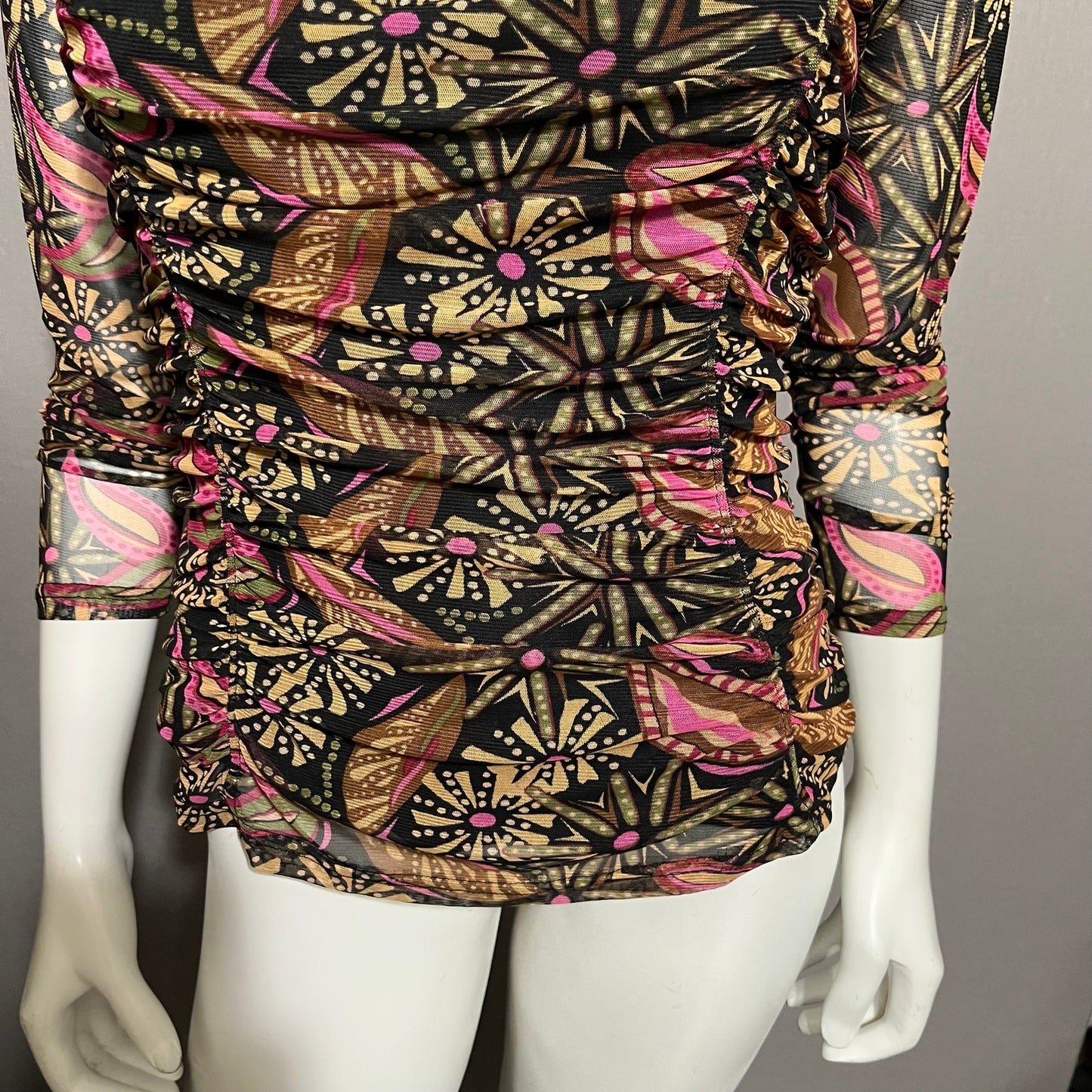 Jane & Delancey Sheer Floral Pink Ruched Mock Neck Top Sz-Medium